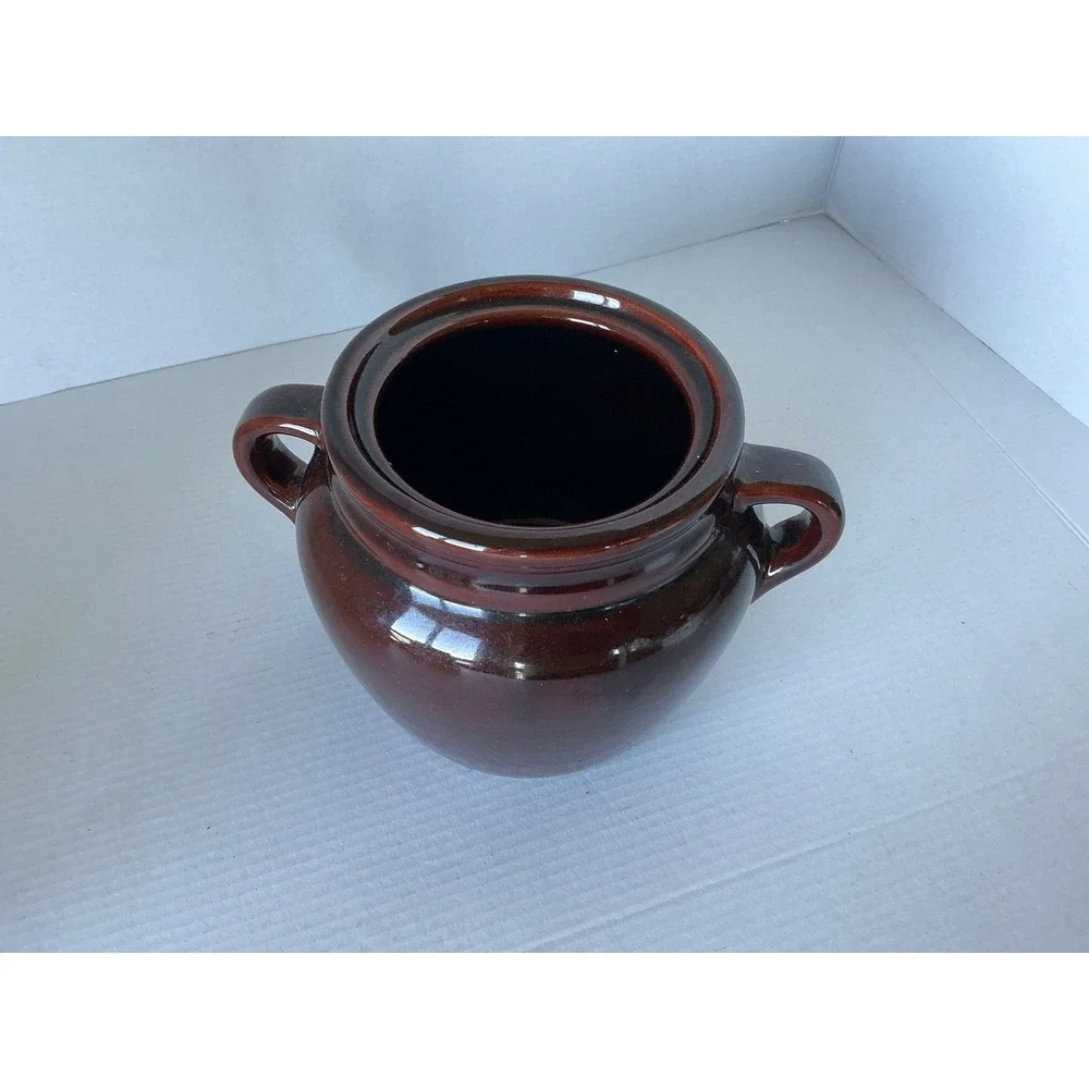 Vintage Ceramic Bean Pot Double Handle Brown Stoneware USA Crock Small